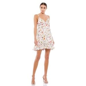 IEENA Mac Duggal Floral Butterfly Mini Dress White Pleated V-Neck Ruffle Hem NEW